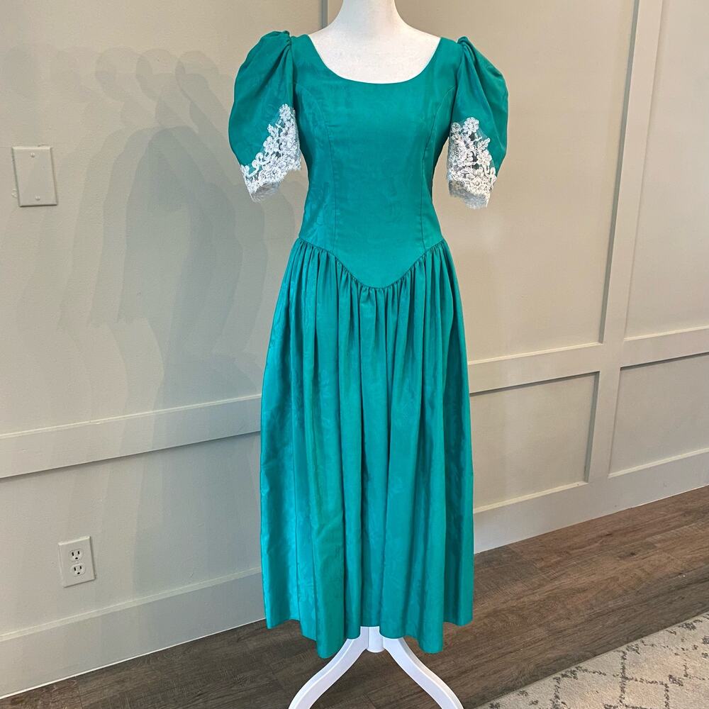 Vintage Alfred Angelo 80s Jade Green Prom Dress Sz 9/10 Lace Trim Bow Midi ILGWU